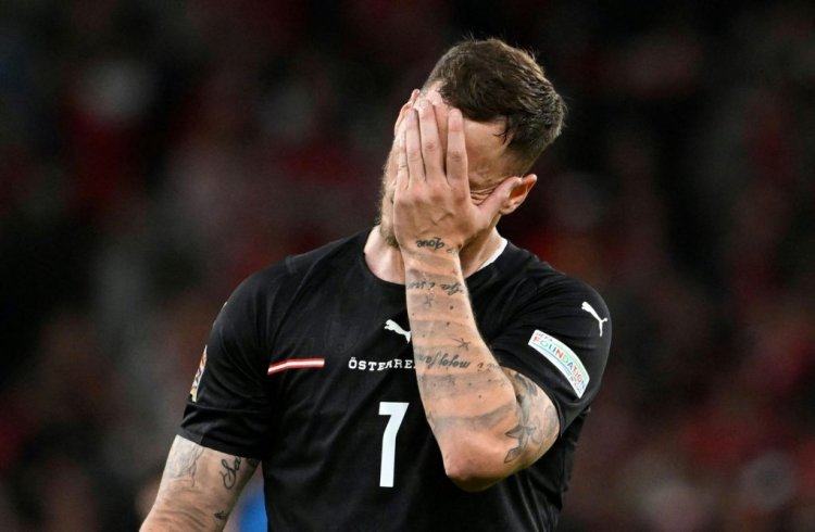 Austria's forward Marko Arnautovic reacts at the end of the UEFA Nations League - League A Group 1 football match between Denmark and Austria at the Parken Stadium in Copenhagen on June 13, 2022. - Austria OUT (Photo by ROBERT JAEGER / APA / AFP) / Austria OUT (Photo by ROBERT JAEGER/APA/AFP via Getty Images)