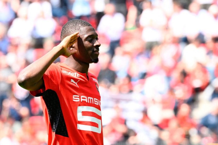Rennes Malian defender Hamari Traore celebrates his goal during the French L1 football match between Stade Rennais and Lorient at Roazhon Park stadium in Rennes, northwestern France, on April 24, 2022. (Photo by Damien Meyer / AFP) (Photo by DAMIEN MEYER/AFP via Getty Images)