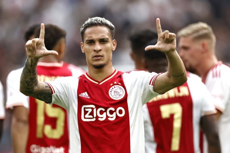 Ajax's Brazilian midfielder Antony Matheus Dos Santos celebrates after scoring the 2-1 goal during the Dutch Eredivisie match between Ajax Amsterdam and FC Groningen at the Johan Cruijff ArenA in Amsterdam, on August 14, 2022. - Netherlands OUT (Photo by MAURICE VAN STEEN / ANP / AFP) / Netherlands OUT (Photo by MAURICE VAN STEEN/ANP/AFP via Getty Images)
