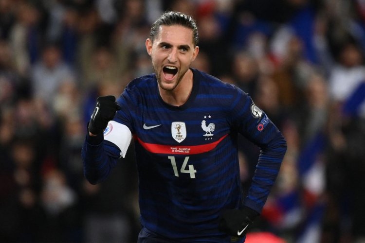 France's midfielder Adrien Rabiot celebrates after scoring a goal during the FIFA World Cup 2022 qualification football match between France and Kazakhstan at the Parc des Princes stadium in Paris, on November 13, 2021. (Photo by FRANCK FIFE / AFP) (Photo by FRANCK FIFE/AFP via Getty Images)