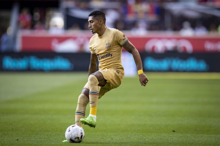 HARRISON, NJ - JULY 30: Raphael Raphinha Dias Belloli #22 of FC Barcelona stops the ball for a moment in the first half of the preseason Friendly match against New York Red Bulls at Red Bull Arena on July 30, 2022 in Harrison, New Jersey. (Photo by Ira L. Black/Getty Images)