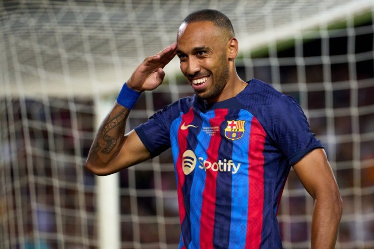 BARCELONA, SPAIN - AUGUST 07: Pierre-Emerick Aubameyang of FC Barcelona celebrates after scoring his team's fifth goal during the Joan Gamper Trophy match between FC Barcelona and Pumas UNAM at Spotify Camp Nou on August 07, 2022 in Barcelona, Spain. (Photo by Alex Caparros/Getty Images)