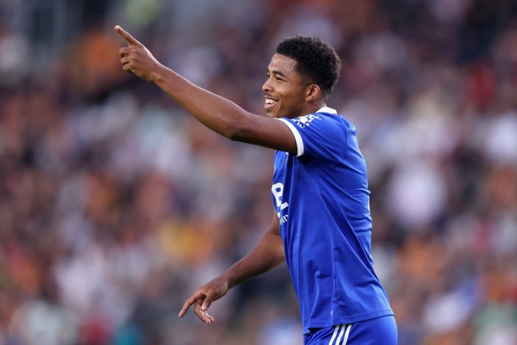 HULL, ENGLAND - JULY 20: Wesley Fofana of Leicester City celebrates after scoring their side's third goal during the Pre-Season Friendly between Hull City and Leicester City at MKM Stadium on July 20, 2022 in Hull, England. (Photo by George Wood/Getty Images)