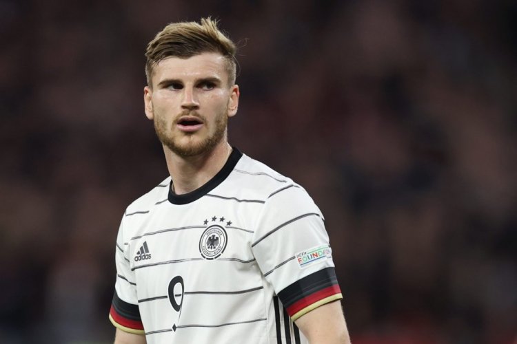 BUDAPEST, HUNGARY - JUNE 11: Timo Werner of Germany reacts during the UEFA Nations League League A Group 3 match between Hungary and Germany at Puskas Arena on June 11, 2022 in Budapest, Hungary. (Photo by Alex Grimm/Getty Images)
