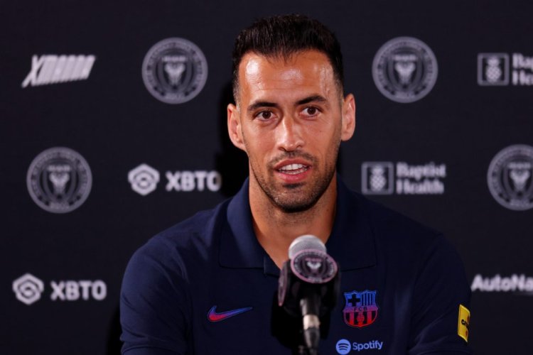 FORT LAUDERDALE, FLORIDA - JULY 18: Sergio Busquets #5 of FC Barcelona fields questions from the media during a press conference ahead of the preseason friendly against Inter Miami CF at DRV PNK Stadium on July 18, 2022 in Fort Lauderdale, Florida. (Photo by Michael Reaves/Getty Images)