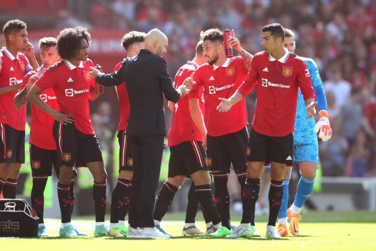 MANCHESTER, ENGLAND - JULY 31: Manchester United manager Erik ten Hag chats with Christiano Ronaldo of Manchester United during the Pre-Season Friendly match between Manchester United and Rayo Vallecano at Old Trafford on July 31, 2022 in Manchester, England. (Photo by Jan Kruger/Getty Images)