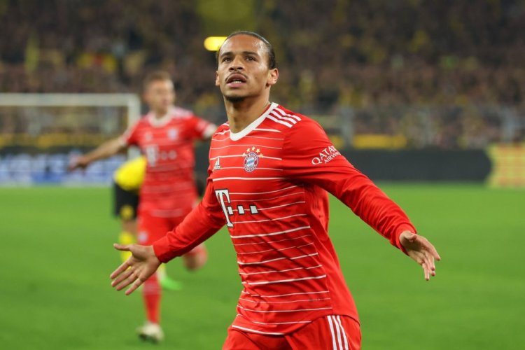 DORTMUND, GERMANY - OCTOBER 08: Leroy Sane of Bayern Munich celebrates after scoring their team's second goal during the Bundesliga match between Borussia Dortmund and FC Bayern Muenchen at Signal Iduna Park on October 08, 2022 in Dortmund, Germany. (Photo by Alexander Hassenstein/Getty Images)