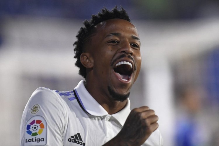 Real Madrid's Brazilian defender Eder Militao celebrates scoring the opening goal during the Spanish League football match between Getafe CF and Real Madrid CF at the Coliseo Alfonso Perez stadium in Getafe on October 8, 2022. (Photo by OSCAR DEL POZO CANAS / AFP) (Photo by OSCAR DEL POZO CANAS/AFP via Getty Images)
