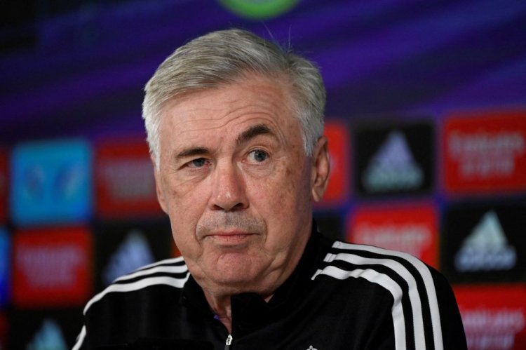 Real Madrid's Italian coach Carlo Ancelotti gives a press conference on the eve of their Spanish League football match against FC Barcelona, at the Ciudad Real Madrid training complex in Valdebebas, outskirts of Madrid, on October 15, 2022. (Photo by PIERRE-PHILIPPE MARCOU / AFP) (Photo by PIERRE-PHILIPPE MARCOU/AFP via Getty Images)