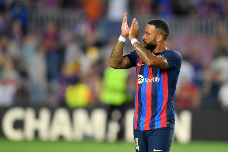 Barcelona's Dutch forward Memphis Depay reacts at the end of the UEFA Champions League Group C first-leg football match between FC Barcelona and Viktoria Plzen, at the Camp Nou stadium in Barcelona on September 7, 2022. (Photo by Pau BARRENA / AFP) (Photo by PAU BARRENA/AFP via Getty Images)