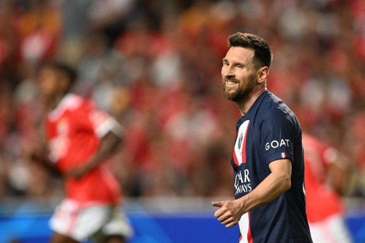 Paris Saint-Germain's Argentine forward Lionel Messi reacts during the UEFA Champions League 1st round day 3 group H football match between SL Benfica and Paris Saint-Germain, at the Luz stadium in Lisbon on October 5, 2022. (Photo by PATRICIA DE MELO MOREIRA / AFP) (Photo by PATRICIA DE MELO MOREIRA/AFP via Getty Images)