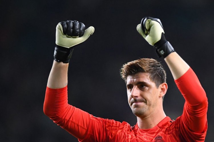 Real Madrid's Belgian goalkeeper Thibaut Courtois celebrates at the end the UEFA Champions League Group F football match between Celtic and Real Madrid, at the Celtic Park stadium, in Glasgow, on September 6, 2022. - Real Madrid won 3 - 0 against Celtic. (Photo by ANDY BUCHANAN / AFP) (Photo by ANDY BUCHANAN/AFP via Getty Images)