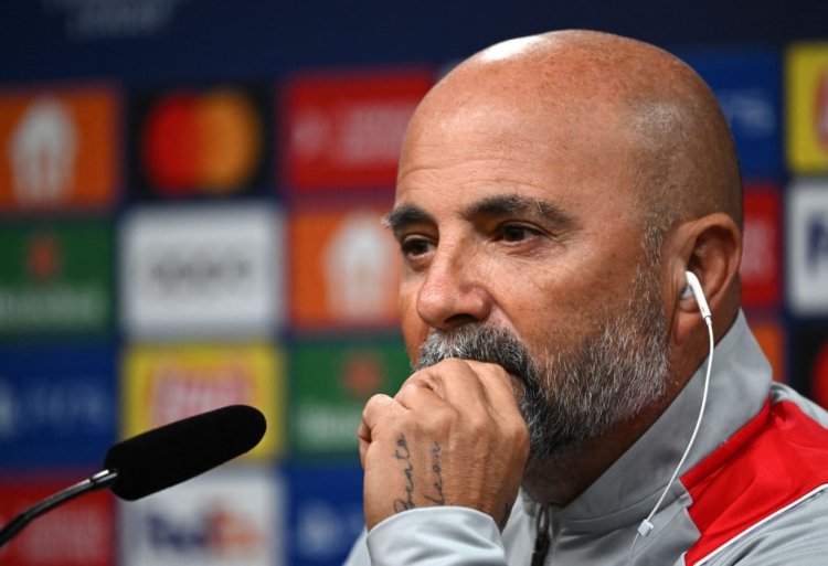 Sevilla's Argentinian coach Jorge Sampaoli adresses a news conference at the Signal Iduna Park in Dortmund, western Germany on October 10, 2022, on the eve of the UEFA Champions League football match Borussia Dortmund vs Sevilla FC. (Photo by Ina FASSBENDER / AFP) (Photo by INA FASSBENDER/AFP via Getty Images)