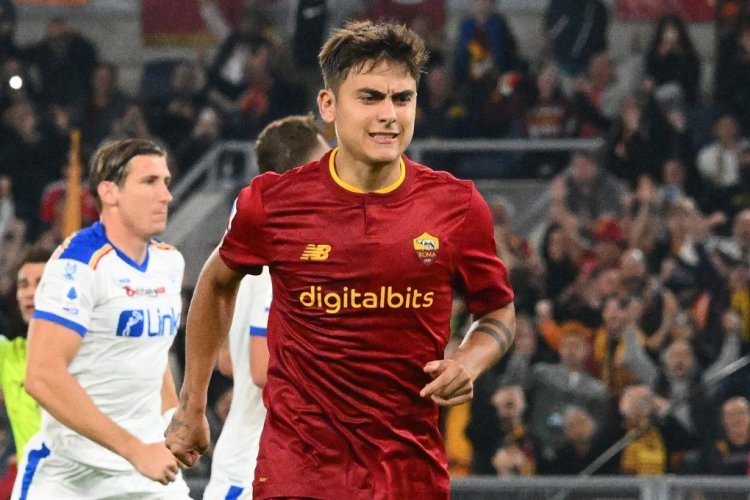AS Roma's Argentinian forward Paulo Dybala reacts, due to an injury, after scoring a penalty kicks during the Italian Serie A football match between AS Roma and Lecce at the Olympic stadium in Rome on October 9, 2022. (Photo by Vincenzo PINTO / AFP) (Photo by VINCENZO PINTO/AFP via Getty Images)