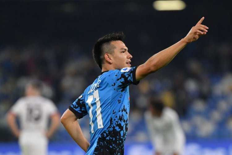 Napoli's Mexican forward Hirving Lozano celebrates after scoring his side's second goal during the Italian Serie A footbal match between Napoli and Bologna on October 16, 2022 at the Diego-Maradona stadium in Naples. (Photo by Tiziana FABI / AFP) (Photo by TIZIANA FABI/AFP via Getty Images)