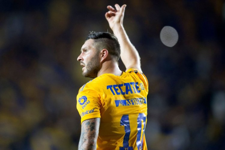 Tigres' Andree Pierre-Gignac celebrates after scoring against Necaxa during their Mexican Apertura 2022  tournament football at the Universitario stadium in Monterrey, Mexico, on October 8,  2022. (Photo by Julio Cesar AGUILAR / AFP) (Photo by JULIO CESAR AGUILAR/AFP via Getty Images)