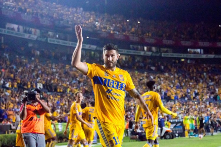 Tigres' French forward Andre Pierre Gignac celebrates after scoring against Pachuca during their Mexican Apertura tournament football match between Tigres And Pachuca at Universitario stadium in Monterrey, Mexico, on October 13, 2022. (Photo by Julio Cesar AGUILAR / AFP) (Photo by JULIO CESAR AGUILAR/AFP via Getty Images)