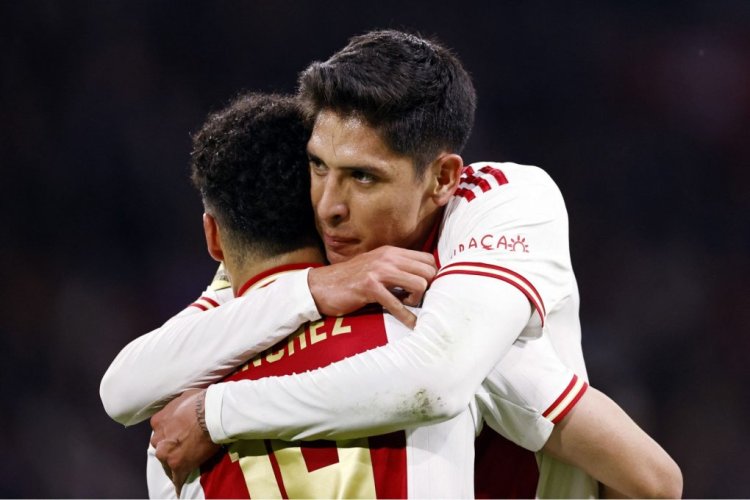 Ajax's Jorge Sanchez (R) hugs Edson Alvarez as he celebrates scoring his team's first goal  during the Dutch Eredivisie match between Ajax Amsterdam and Excelsior at the Johan Cruijff ArenA in Amsterdam on October 16, 2022. - Netherlands OUT (Photo by MAURICE VAN STEEN / ANP / AFP) / Netherlands OUT (Photo by MAURICE VAN STEEN/ANP/AFP via Getty Images)