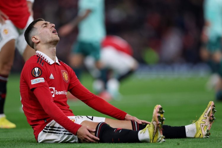 MANCHESTER, ENGLAND - OCTOBER 13: Diogo Dalot of Manchester United reacts after a missed chance during the UEFA Europa League group E match between Manchester United and Omonia Nikosia at Old Trafford on October 13, 2022 in Manchester, England. (Photo by Clive Brunskill/Getty Images)