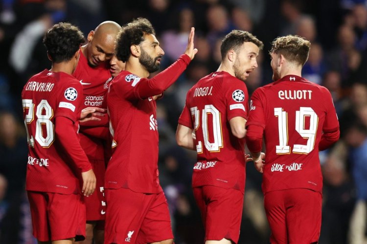 GLASGOW, SCOTLAND - OCTOBER 12: Mohamed Salah of Liverpool celebrates with teammates after scoring their team's fourth goal during the UEFA Champions League group A match between Rangers FC and Liverpool FC at Ibrox Stadium on October 12, 2022 in Glasgow, Scotland. (Photo by Ian MacNicol/Getty Images)