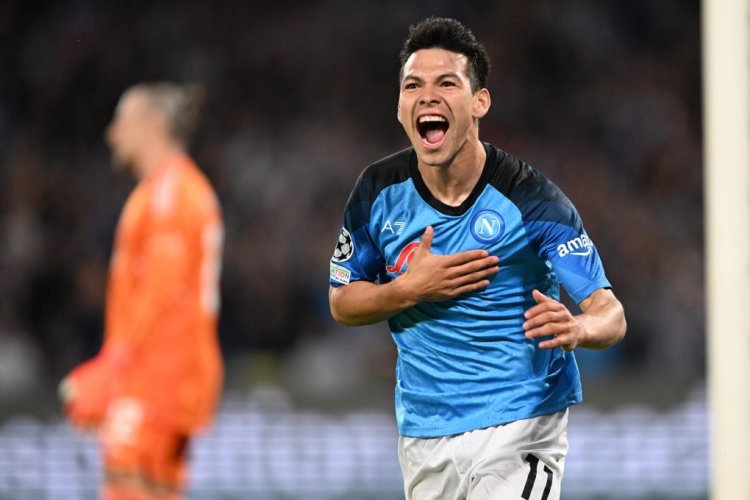NAPLES, ITALY - OCTOBER 12: Hirving Lozano of SSC Napoli celebrates after scoring the first goal during the UEFA Champions League group A match between SSC Napoli and AFC Ajax at Stadio Diego Armando Maradona on October 12, 2022 in Naples, Italy. (Photo by Francesco Pecoraro/Getty Images)