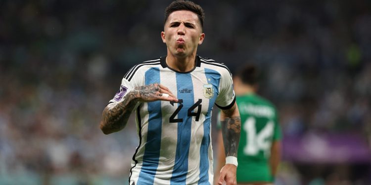 LUSAIL CITY, QATAR - NOVEMBER 26: Enzo Fernandez of Argentina celebrates after scoring their team's second goal during the FIFA World Cup Qatar 2022 Group C match between Argentina and Mexico at Lusail Stadium on November 26, 2022 in Lusail City, Qatar. (Photo by Dean Mouhtaropoulos/Getty Images)