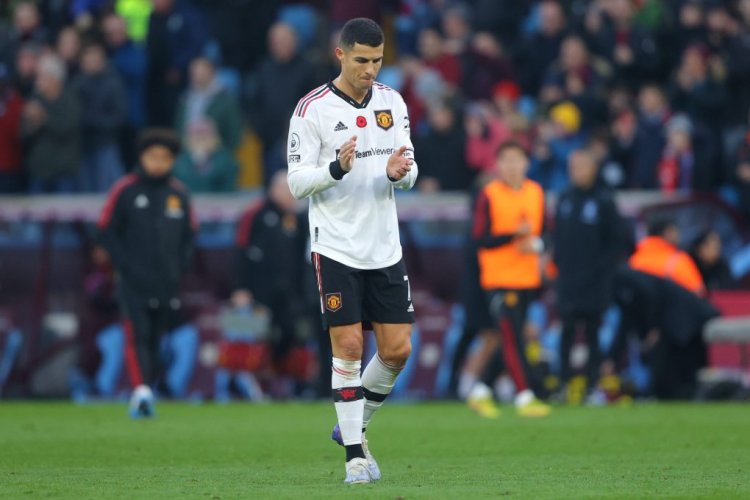 BIRMINGHAM, ENGLAND - NOVEMBER 06: Cristiano Ronaldo of Manchester United reacts after their sides defeat during the Premier League match between Aston Villa and Manchester United at Villa Park on November 06, 2022 in Birmingham, England. (Photo by James Gill/Getty Images)