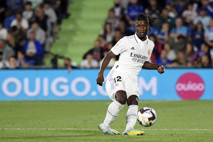 Real Madrid's French midfielder Eduardo Camavinga kicks the ball during the Spanish League football match between Getafe CF and Real Madrid CF at the Coliseo Alfonso Perez stadium in Getafe on October 8, 2022. (Photo by OSCAR DEL POZO CANAS / AFP) (Photo by OSCAR DEL POZO CANAS/AFP via Getty Images)