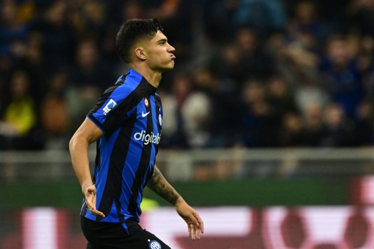 Inter Milan's Argentinian forward Joaquin Correa celebrates after scoring his team's third goal during the Italian Serie A football match between Inter Milan and Sampdoria at the Giuseppe-Meazza (San Siro) stadium in Milan on October 29, 2022. (Photo by Miguel MEDINA / AFP) (Photo by MIGUEL MEDINA/AFP via Getty Images)