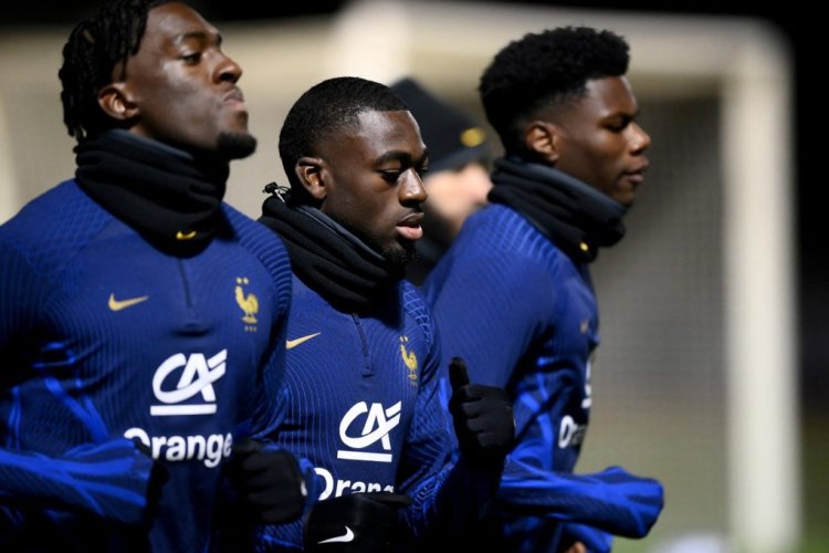 (Ltor) France's national football team defender Axel Disasi, forward Ousmane Dembele and midfielder Aurelien Tchouameni take part in a training session at the team's training camp in Clairefontaine-en-Yvelines, south of Paris, on November 14, 2022, six days ahead of the Qatar 2022 FIFA World Cup football tournament. (Photo by FRANCK FIFE / AFP) (Photo by FRANCK FIFE/AFP via Getty Images)