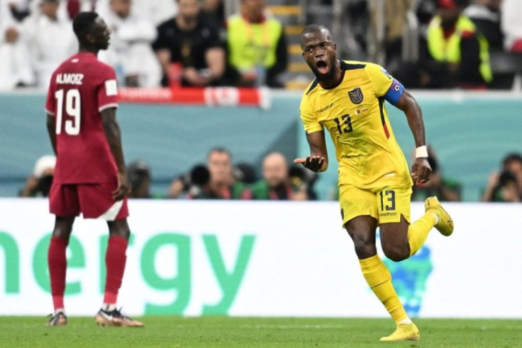 Ecuador's forward #13 Enner Valencia celebrates after he scored his team's second goal during the Qatar 2022 World Cup Group A football match between Qatar and Ecuador at the Al-Bayt Stadium in Al Khor, north of Doha, on November 20, 2022. (Photo by Raul ARBOLEDA / AFP) (Photo by RAUL ARBOLEDA/AFP via Getty Images)