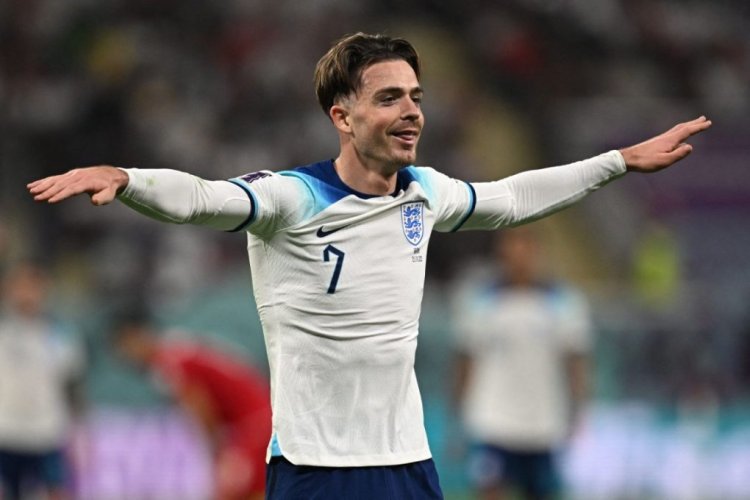 England's forward #07 Jack Grealish celebrates scoring his team's sixth goal during the Qatar 2022 World Cup Group B football match between England and Iran at the Khalifa International Stadium in Doha on November 21, 2022. (Photo by Paul ELLIS / AFP) (Photo by PAUL ELLIS/AFP via Getty Images)