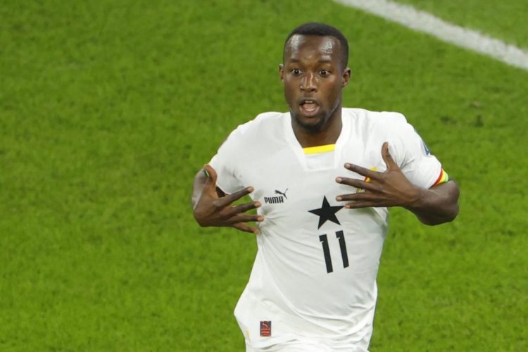 Ghana's forward #11 Osman Bukari celebrates scoring his team's second goal during the Qatar 2022 World Cup Group H football match between Portugal and Ghana at Stadium 974 in Doha on November 24, 2022. (Photo by Odd ANDERSEN / AFP) (Photo by ODD ANDERSEN/AFP via Getty Images)