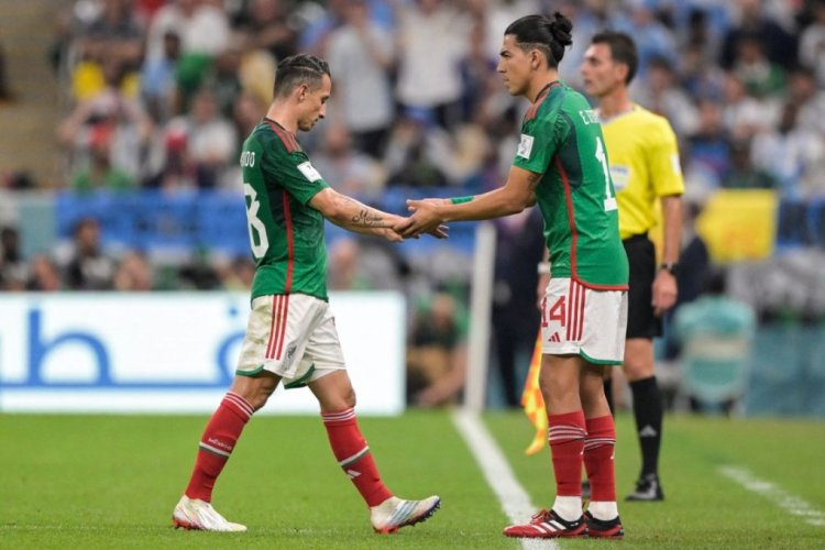 Mexico's midfielder #14 Erick Gutierrez comes on for Mexico's midfielder #18 Andres Guardado during the Qatar 2022 World Cup Group C football match between Argentina and Mexico at the Lusail Stadium in Lusail, north of Doha on November 26, 2022. (Photo by JUAN MABROMATA / AFP) (Photo by JUAN MABROMATA/AFP via Getty Images)