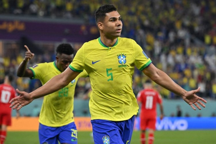 Brazil's midfielder #05 Casemiro celebrates after he scored his team's first goal during the Qatar 2022 World Cup Group G football match between Brazil and Switzerland at Stadium 974 in Doha on November 28, 2022. (Photo by NELSON ALMEIDA / AFP) (Photo by NELSON ALMEIDA/AFP via Getty Images)