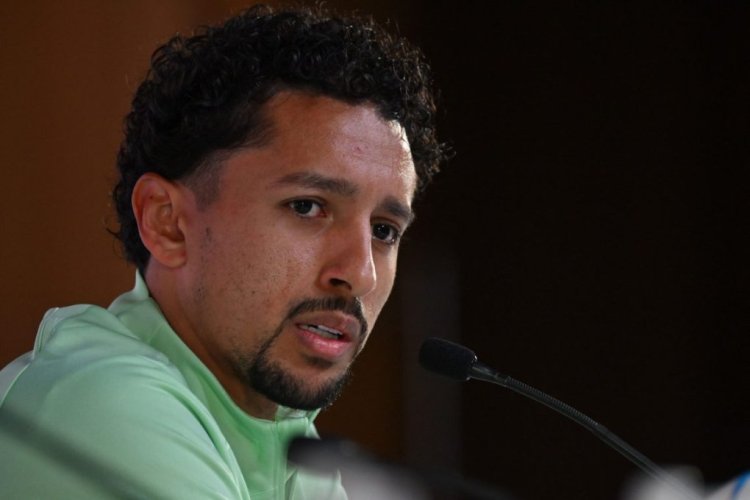 Brazil's defender #04 Marquinhos attends a press conference at the Qatar National Convention Center (QNCC) in Doha on November 27, 2022, on the eve of the Qatar 2022 World Cup football match between Brazil and Switzerland. (Photo by NELSON ALMEIDA / AFP) (Photo by NELSON ALMEIDA/AFP via Getty Images)