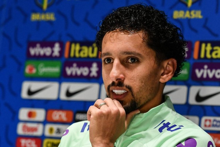Brazil's defender Marquinhos attends a press conference on November 17, 2022 at the Continassa training ground in Turin, as part of Brazil's preparation ahead of the Qatar 2022 World Cup. (Photo by Isabella BONOTTO / AFP) (Photo by ISABELLA BONOTTO/AFP via Getty Images)