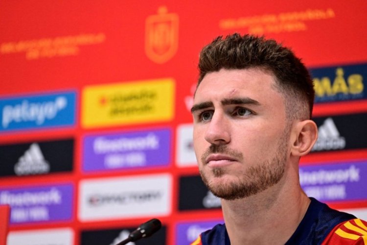 Spain's defender Aymeric Laporte gives a press conference at Qatar Universty in Doha on November 21, 2022, during the Qatar 2022 World Cup football tournament. (Photo by JAVIER SORIANO / AFP) (Photo by JAVIER SORIANO/AFP via Getty Images)