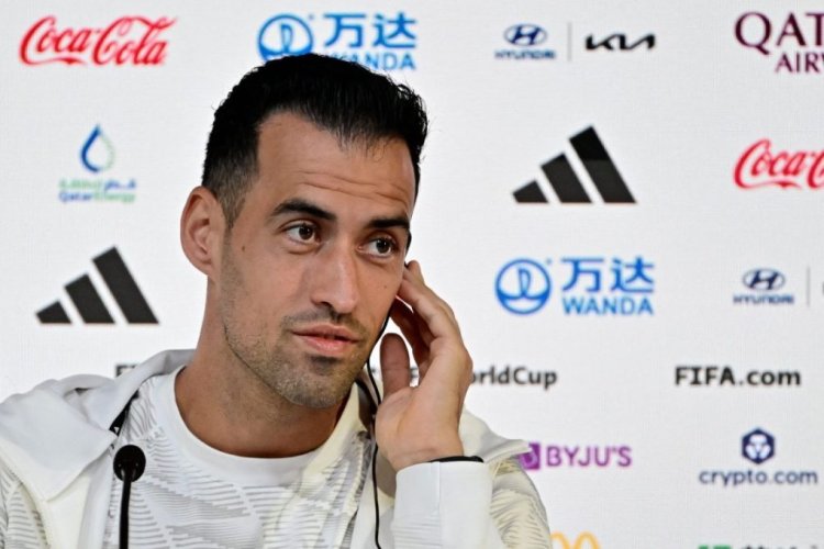 Spain's midfielder Sergio Busquets gives a press conference at the Qatar National Convention Center (QNCC) in Doha, on November 22, 2022, on the eve of the Qatar 2022 World Cup football tournament Group E match between Spain and Costa Rica. (Photo by JAVIER SORIANO / AFP) (Photo by JAVIER SORIANO/AFP via Getty Images)