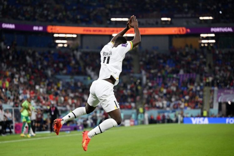 DOHA, QATAR - NOVEMBER 24: Osman Bukari of Ghana celebrates after scoring their team's second goal during the FIFA World Cup Qatar 2022 Group H match between Portugal and Ghana at Stadium 974 on November 24, 2022 in Doha, Qatar. (Photo by Matthias Hangst/Getty Images)