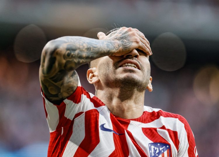Atletico's Angel Correa reacts during a group stage soccer game between Belgian soccer team Club Brugge KV and Spanish Atletico Madrid , Wednesday 12 October 2022 in Madrid, Spain, on day 4/6 of the UEFA Champions League group stage. BELGA PHOTO BRUNO FAHY (Photo by BRUNO FAHY / BELGA MAG / Belga via AFP) (Photo by BRUNO FAHY/BELGA MAG/AFP via Getty Images)
