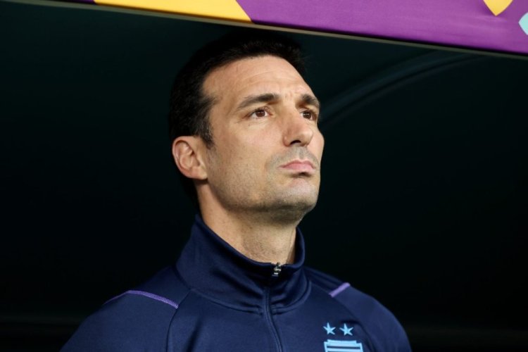 DOHA, QATAR - DECEMBER 03: Lionel Scaloni, Head Coach of Argentina, sings their national anthem prior to the FIFA World Cup Qatar 2022 Round of 16 match between Argentina and Australia at Ahmad Bin Ali Stadium on December 03, 2022 in Doha, Qatar. (Photo by Alex Grimm/Getty Images)
