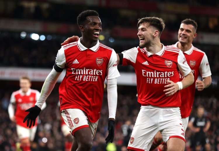 LONDON, ENGLAND - DECEMBER 26: Eddie Nketiah of Arsenal celebrates with teammate Kieran Tierney after scoring their side's third goal during the Premier League match between Arsenal FC and West Ham United at Emirates Stadium on December 26, 2022 in London, England. (Photo by Alex Pantling/Getty Images)