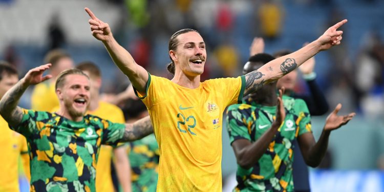 AL WAKRAH, QATAR - NOVEMBER 30: Jackson Irvine of Australia celebrates after the 1-0 win during the during the FIFA World Cup Qatar 2022 Group D match between Australia and Denmark at Al Janoub Stadium on November 30, 2022 in Al Wakrah, Qatar. (Photo by Claudio Villa/Getty Images)