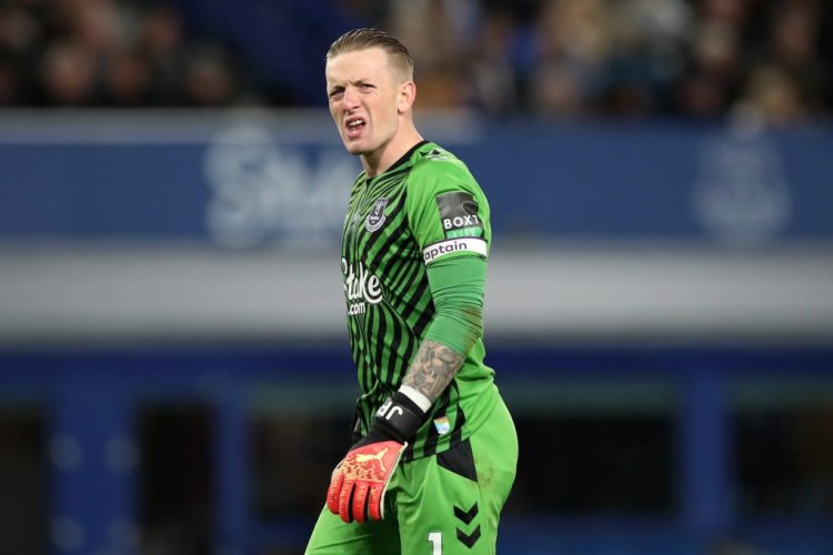 LIVERPOOL, ENGLAND - DECEMBER 26: Jordan Pickford of Everton reacts during the Premier League match between Everton FC and Wolverhampton Wanderers at Goodison Park on December 26, 2022 in Liverpool, England. (Photo by Jan Kruger/Getty Images)