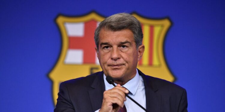 President of FC Barcelona Joan Laporta holds a press conference at the Camp Nou stadium in Barcelona on August 6, 2021 to explain Lionel Messi exit. Soccer star Lionel Messi will leave FC Barcelona after discussions for a new contract failed due to financial and structural obstacles. (Photo by Pau BARRENA / AFP) (Photo by PAU BARRENA/AFP via Getty Images)