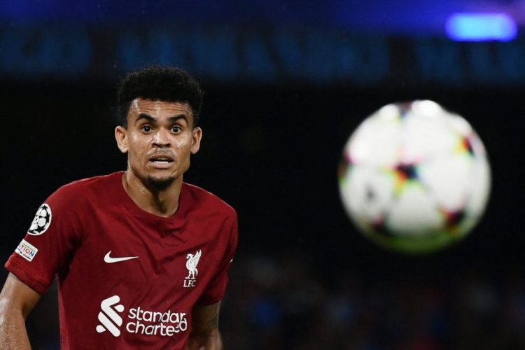 Liverpool's Colombian forward Luis Diaz eyes the ball  during the UEFA Champions League Group A first leg football match between SSC Napoli and Liverpool FC at the Diego Armando Maradona Stadium in Naples on September 7, 2022. (Photo by Filippo MONTEFORTE / AFP) (Photo by FILIPPO MONTEFORTE/AFP via Getty Images)