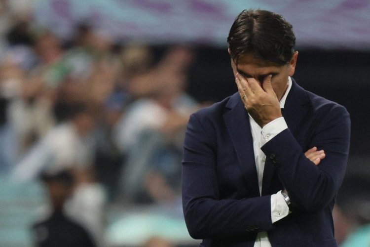 Croatia's coach #00 Zlatko Dalic reacts after Argentina scored during the Qatar 2022 World Cup football semi-final match between Argentina and Croatia at Lusail Stadium in Lusail, north of Doha on December 13, 2022. (Photo by JACK GUEZ / AFP) (Photo by JACK GUEZ/AFP via Getty Images)