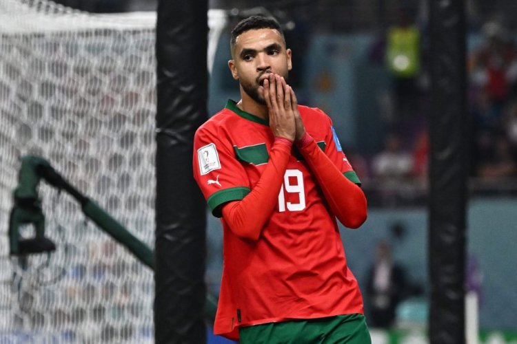 Morocco's forward #19 Youssef En-Nesyri  reacts  during the Qatar 2022 World Cup third place play-off football match between Croatia and Morocco at Khalifa International Stadium in Doha on December 17, 2022. (Photo by Jewel SAMAD / AFP) (Photo by JEWEL SAMAD/AFP via Getty Images)