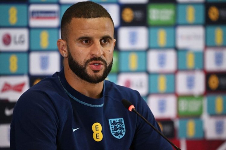 England's defender Kyle Walker gives a press conference at the Al Wakrah SC Stadium, south of Doha, on December 7, 2022, during the Qatar 2022 World Cup football tournament. - England and France will meet in one of the Qatar 2022 World Cup quarter-finals on December 10. (Photo by Paul ELLIS / AFP) (Photo by PAUL ELLIS/AFP via Getty Images)
